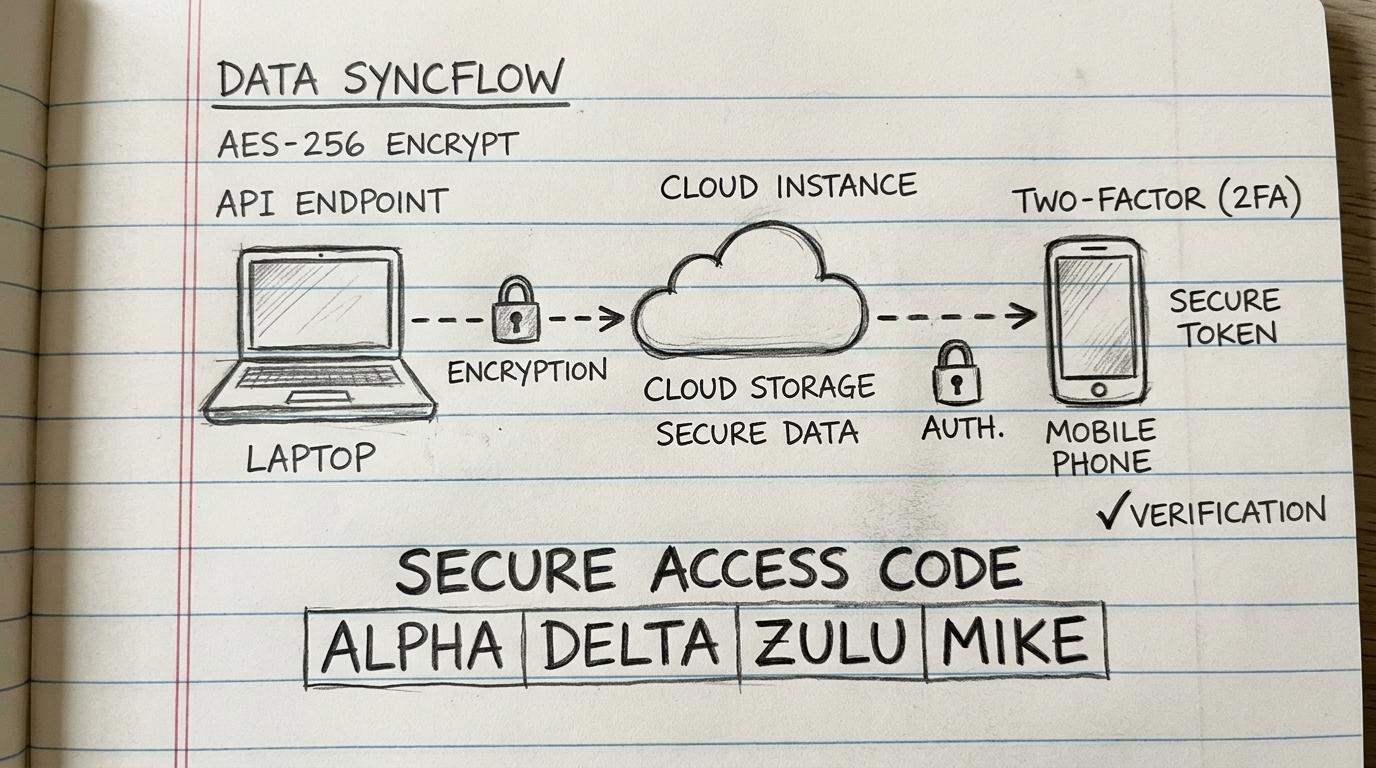Hand-drawn diagram showing laptop and mobile phone encrypted data sync